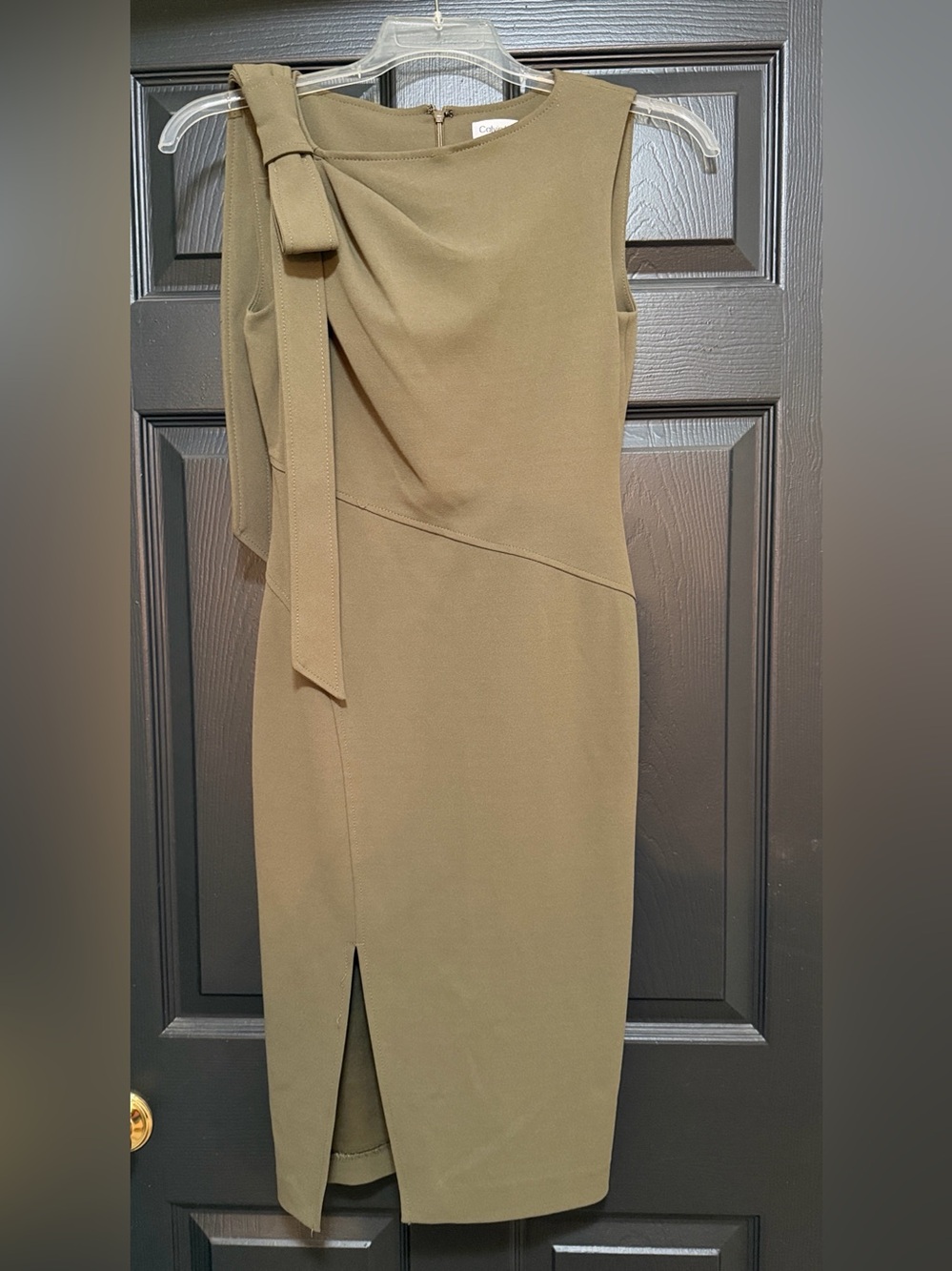 Calvin Klein Olive Sleeveless Midi Dress with Side Tie